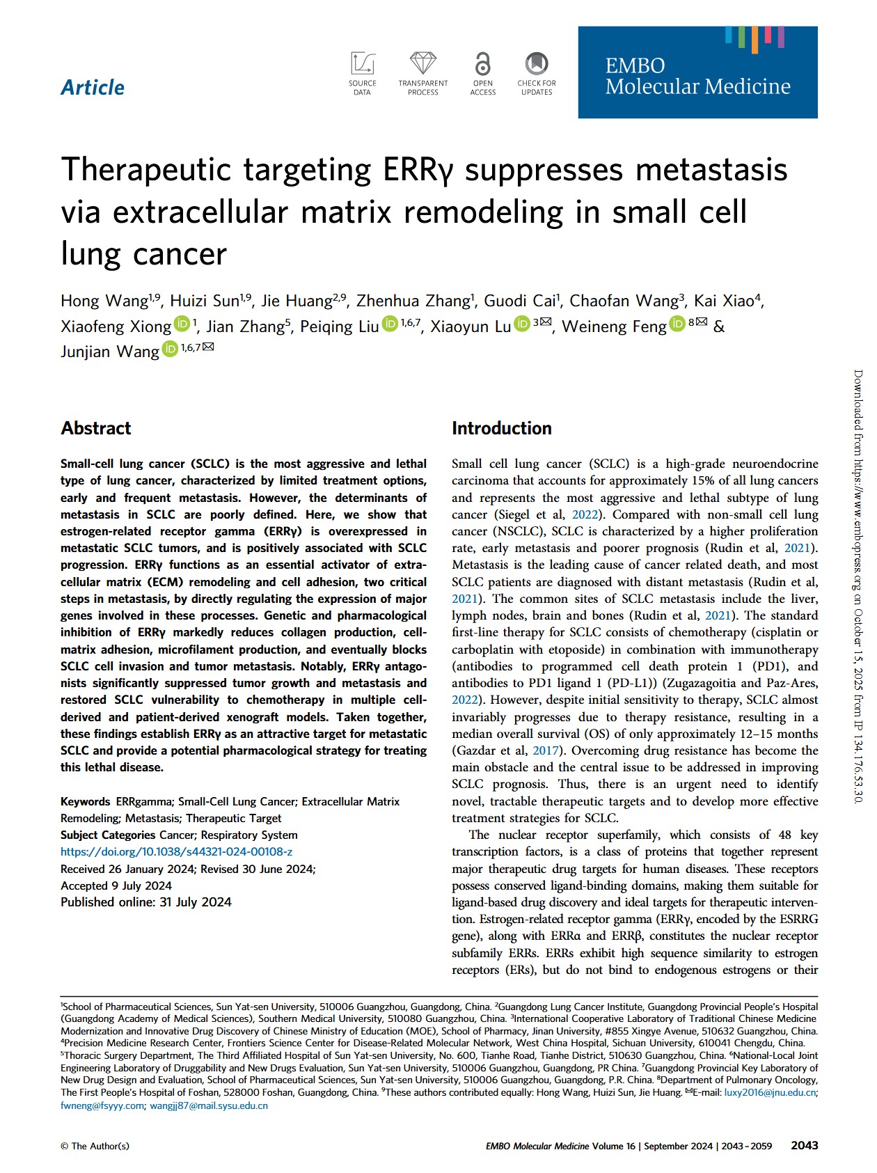 Cover of Therapeutic targeting ERRγ suppresses metastasis via extracellular matrix remodeling in small cell lung cancer by Hung Wang et al.